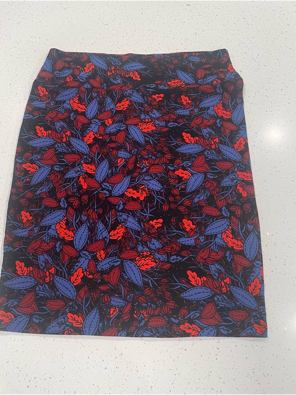 LuLaRoe Pencil Skirt in Black, Blue & Red Leaf Print